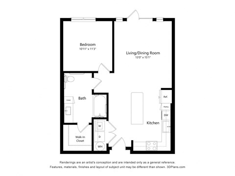 Floor plan for 1 bed, 1 bath, 750 sqft